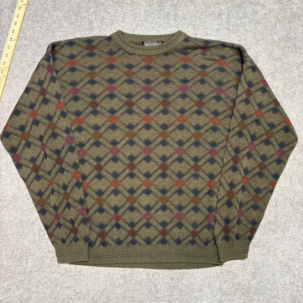 Brandini Italy Mens Green Argyle Diamond Knit Crewneck Sweater Large Vintage